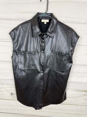 Elan Faux Leather Sleeveless Button Down Vest Jacket in Black